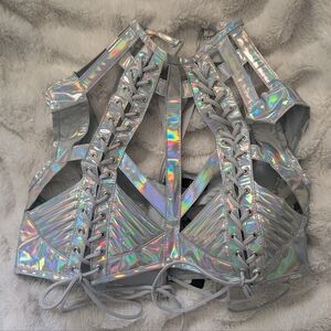 NWT: Club Exx/Dolls Kill Rude Awakening Holographic Lace-Up Top